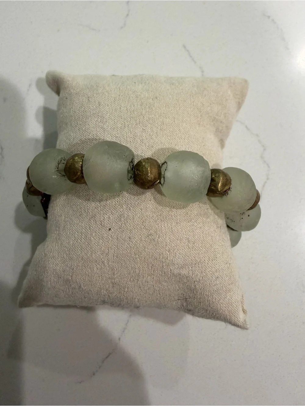 Beaded Stretch Bracelet with Pale Seafoam Glass and Antiqued Gold Beads